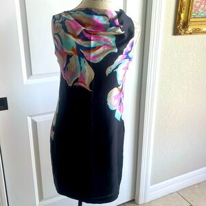 Ann Taylor LOFT black silky floral shift dress with Cowell neck line size 4P